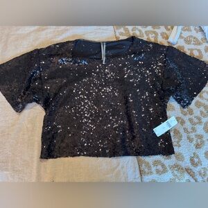 NWT Anthro black sequin short sleeve top